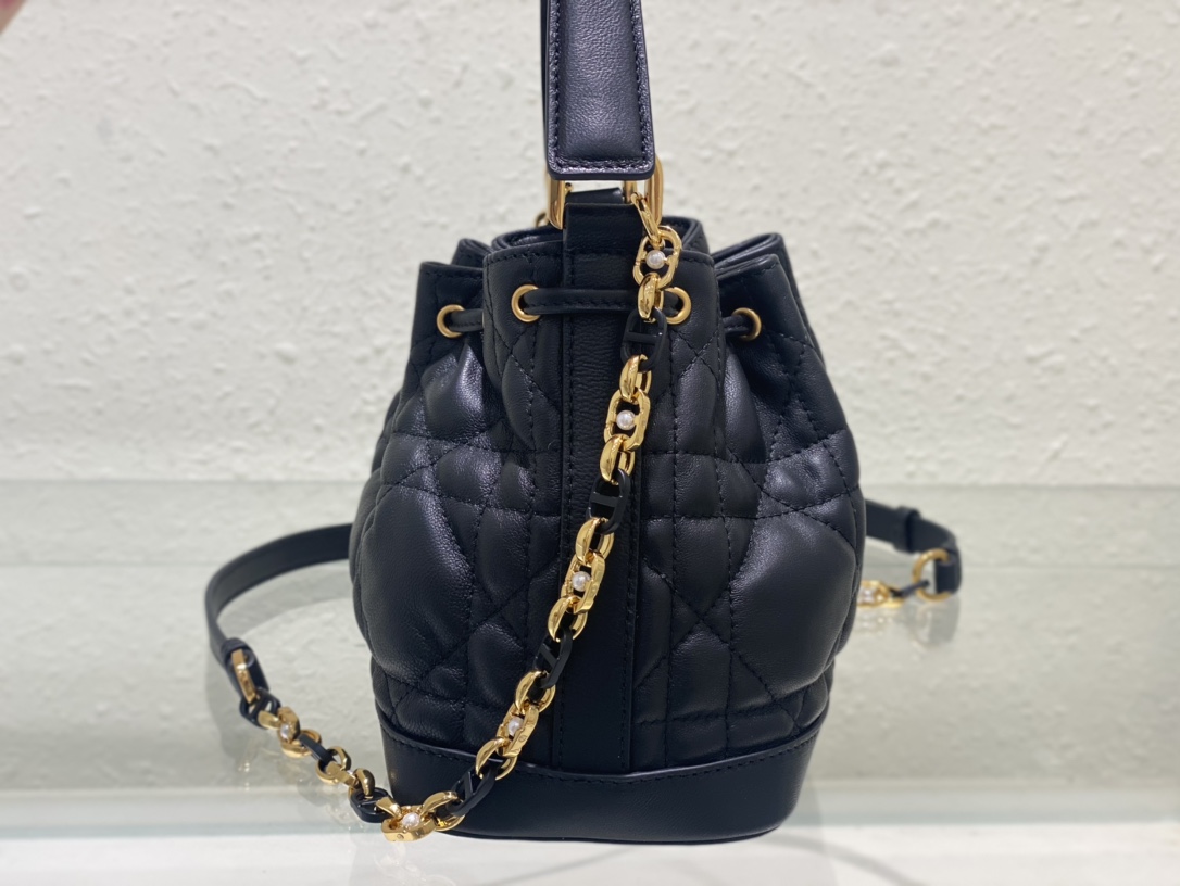 Small Dior Jolie Bucket Bag Black Macrocannage Lambskin and Calfskin